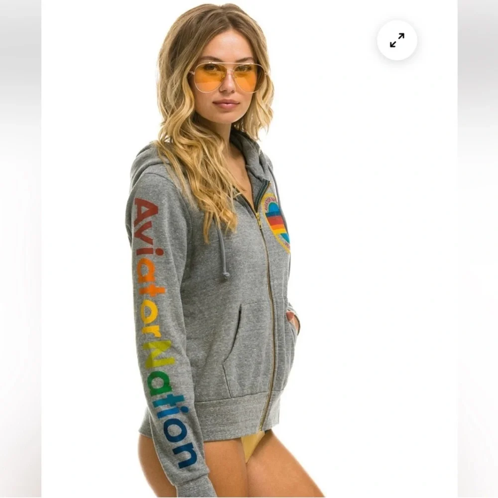 Aviator Nation La Jolla Zip Hoodie Heather Gray Rainbow Logo Sweatshirt Size M - Picture 10 of 10